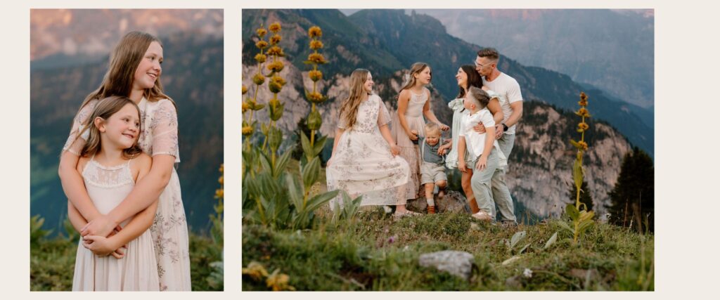 Group family photo at golden hour in the Swiss Alps with warm mountain glow in the distance.