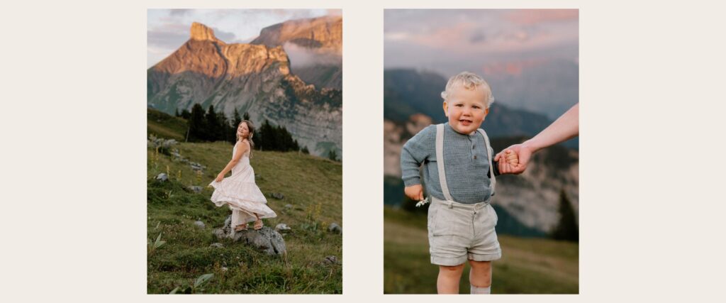 Smiling toddler holding a parents hand at sunset with the Swiss Alps in the background.