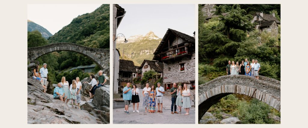 Group family photos at Ponte dei Salti bridge and Sonogno village during a Valle Verzasca sunrise photoshoot in Ticino, Switzerland.
