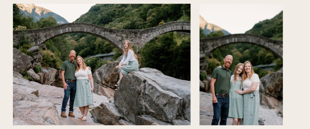 Family portrait at Ponte dei Salti bridge in Valle Verzasca with parents and teen daughter during a sunrise photoshoot.