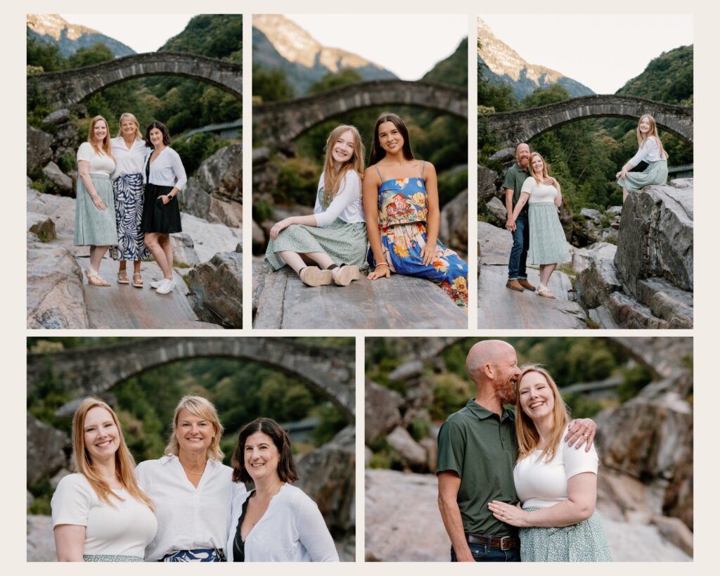 Portraits from a Valle Verzasca family photoshoot at Ponte dei Salti bridge with group, couple and individual images.