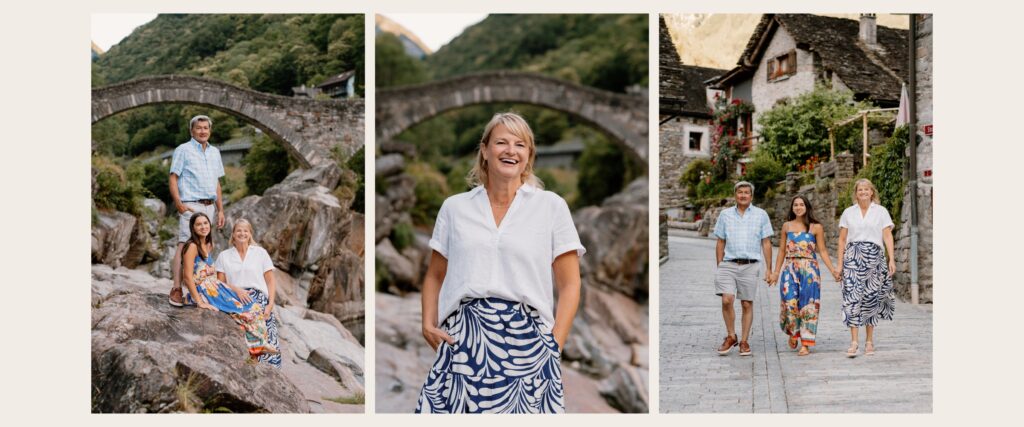 Family portraits at the Ponte dei Salti bridge and walking through Sonogno village in Valle Verzasca, Ticino.