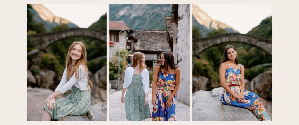Teens during a Valle Verzasca family photoshoot at the Ponte dei Salti bridge and Sonogno village in Ticino, Switzerland.