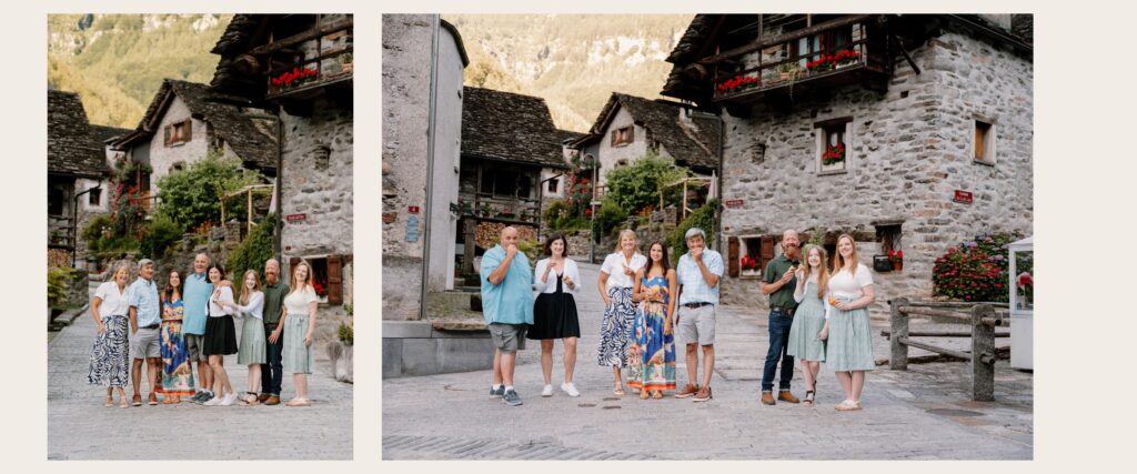 Group enjoying a Valle Verzasca family photoshoot in Sonogno village, Ticino, with rustic houses and flowerboxes.
