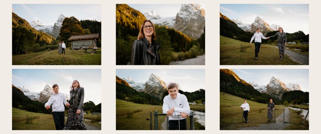 Six-image collage of a mother and teenage son during a golden-hour photoshoot in Rosenlaui, walking, laughing, and posing with the snow covered Wetterhorn and Swiss Alps behind them.