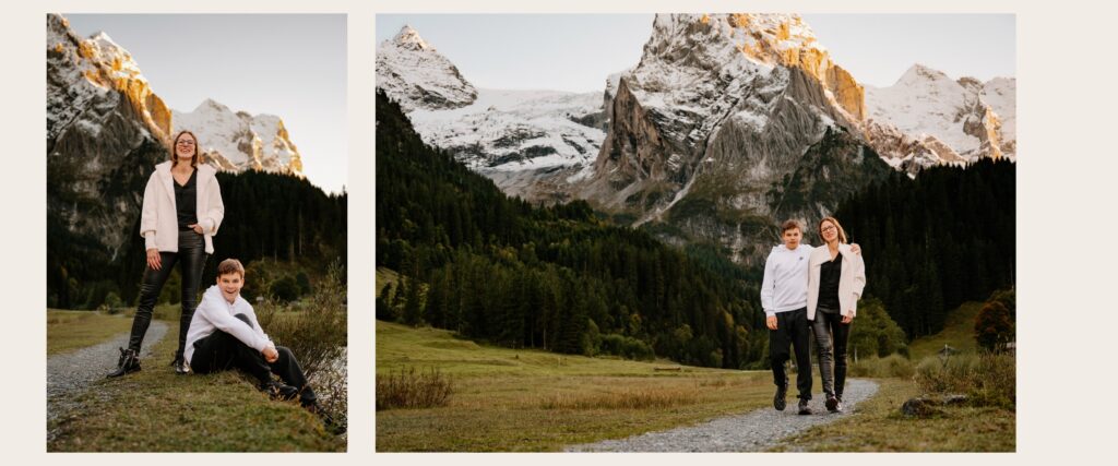 Mother and teenage son walking through the Rosenlaui valley at golden hour with the Wetterhorn glowing behind them in the Swiss Alps.
