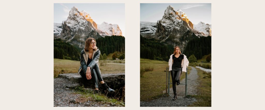 Family standing in Rosenlaui valley with mountains rising behind them during golden hour.
