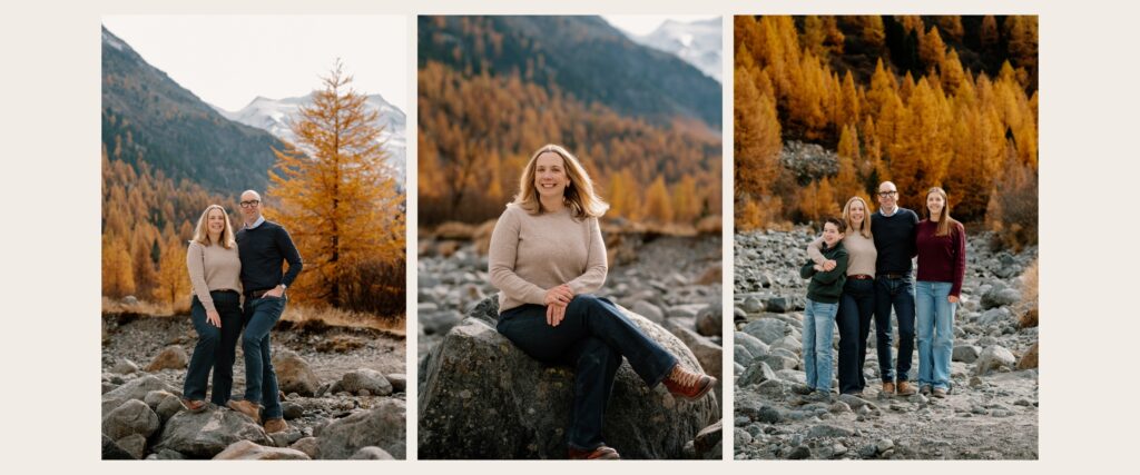 Family standing together during golden larch season at the Morteratsch Glacier near St. Moritz