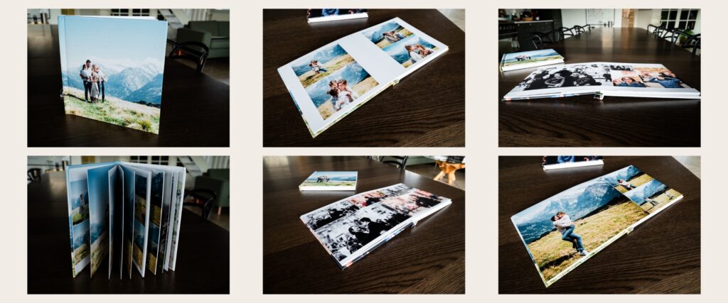 Collection of family photo albums from a Switzerland photoshoot showing cover and layflat page designs
