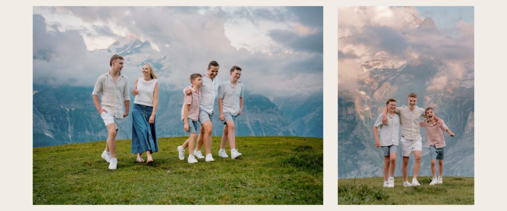 Family walking together in the Swiss Alps near Grindelwald during blue hour with dramatic mountain backdrop