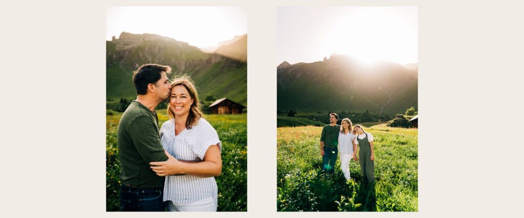 Family in a wildflower meadow during golden hour in the Swiss Alps with warm sunlight and mountain backdrop