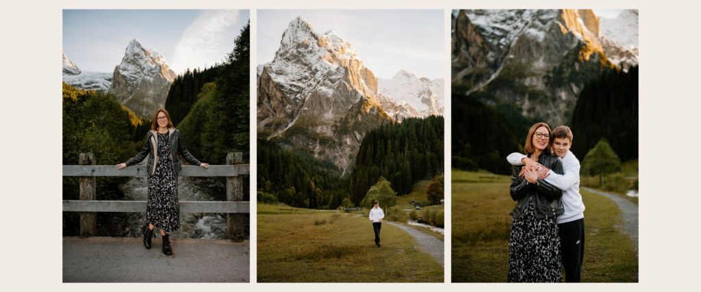 Family portraits in the Swiss Alps near Jungfrau at sunset with mountain views and golden light