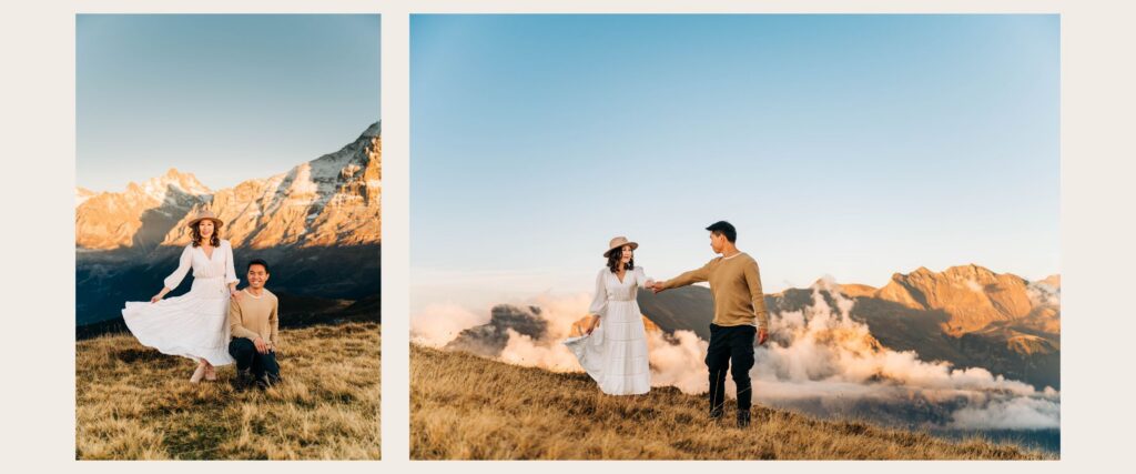 Couple at sunset in the Swiss Alps at Männlichen with golden light and mountain views
