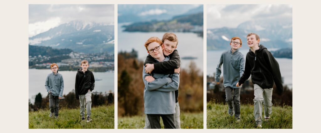 Two brothers playing and hugging during a family photography session above Lake Lucerne in Switzerland
