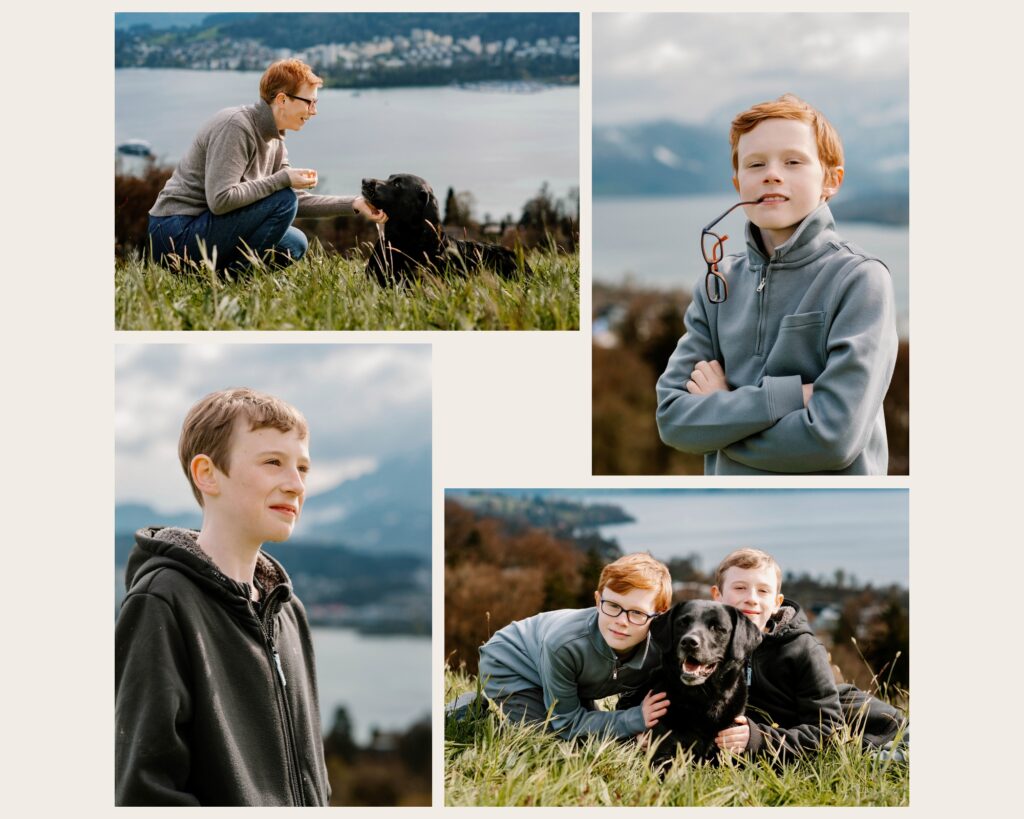 Children and family dog photographed above Lake Lucerne during a late-winter family photography session in Switzerland
