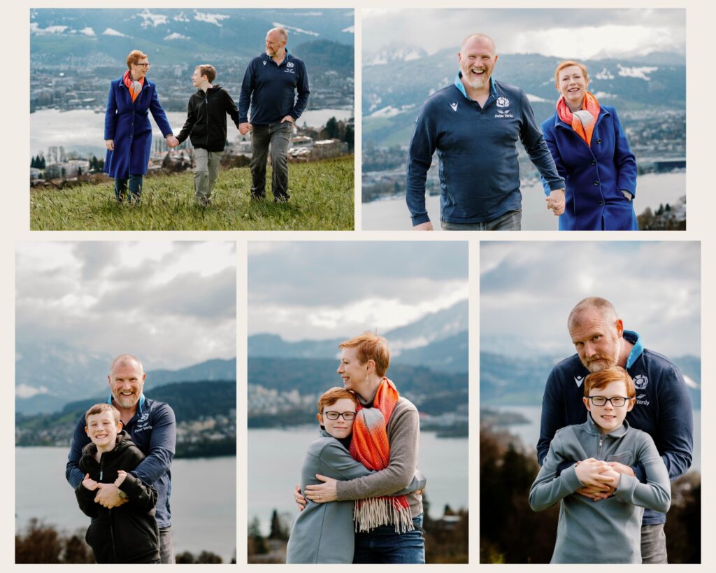 Natural family portraits above Lake Lucerne in Switzerland during a late-winter family photography session