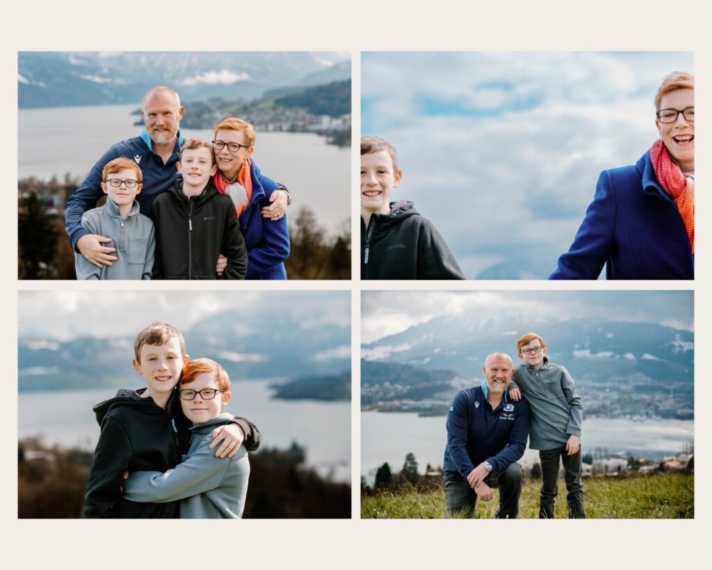 Relaxed family portraits above Lake Lucerne in Switzerland during a natural late-winter photography session