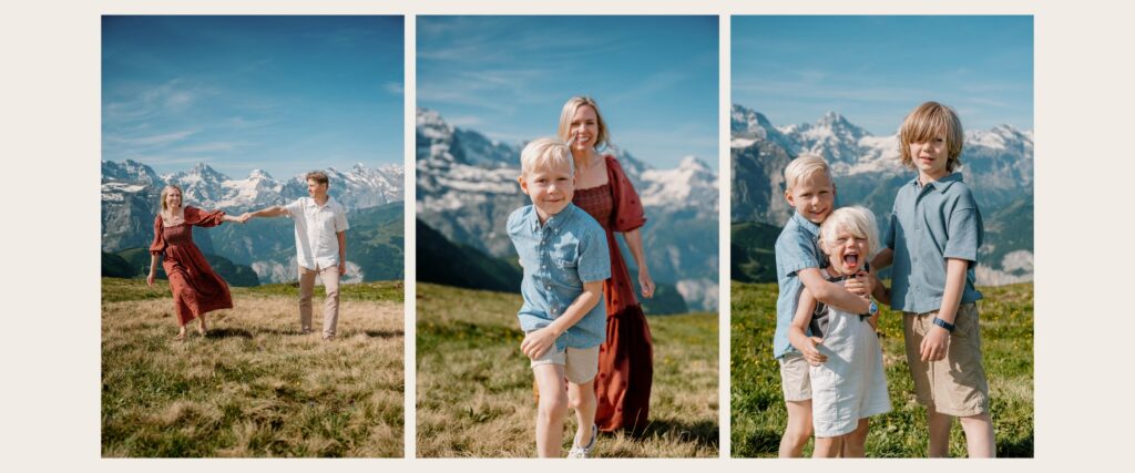 Family enjoying a summer photography session with panoramic mountain views near Grindelwald, Switzerland.