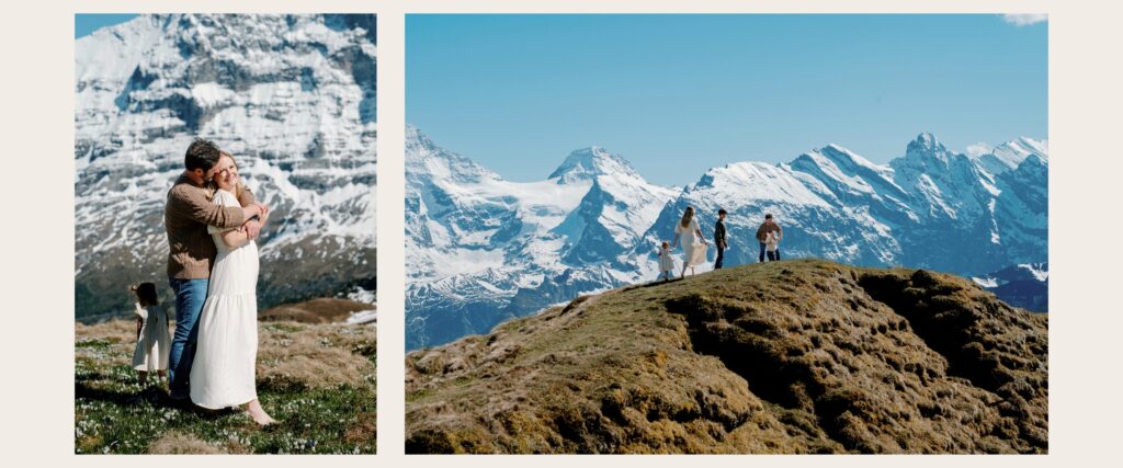 Family photography session above Lauterbrunnen Valley with snow-capped peaks in the Swiss Alps.