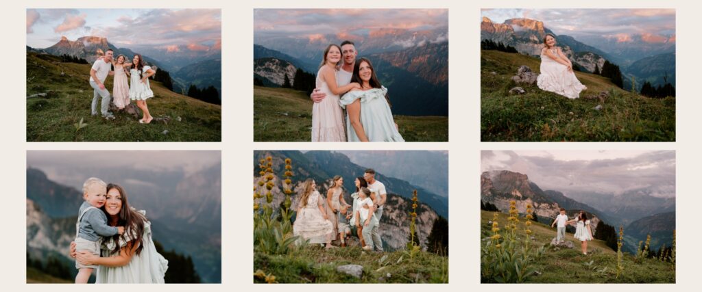 Family photography session at Schynige Platte during summer with panoramic Swiss Alps at sunset.