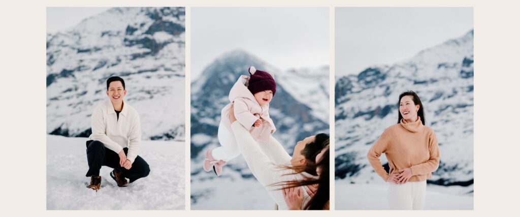 A professional family portrait session in Switzerland’s mountains captures the magic of winter with scenic snow-covered peaks in the background.