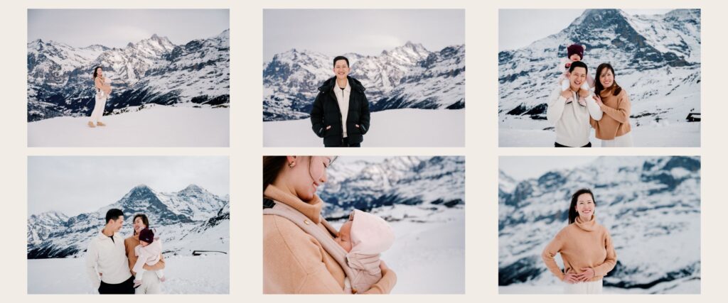 A warm embrace against a backdrop of snowy peaks shows how winter family photography in Switzerland can be both comfortable and stunning.