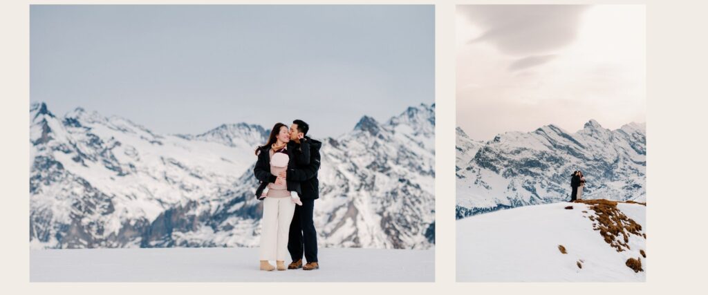 Smiling parents lift their baby into the air during a winter wonderland photoshoot in Switzerland’s Alps, capturing pure joy in the snow.