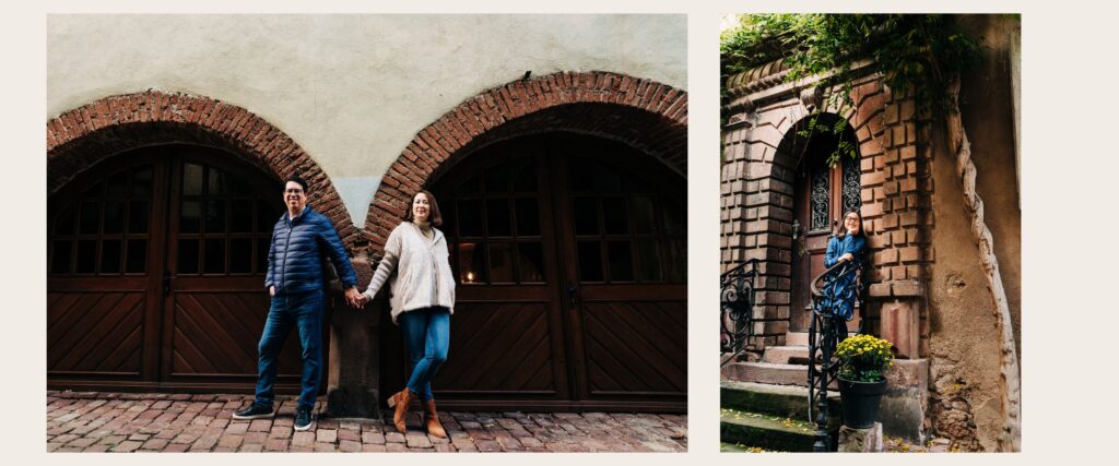 Young girl standing on stone steps in front of ivy-covered building in Alsace, France Couple holding hands in front of medieval arched doorway in Alsace village