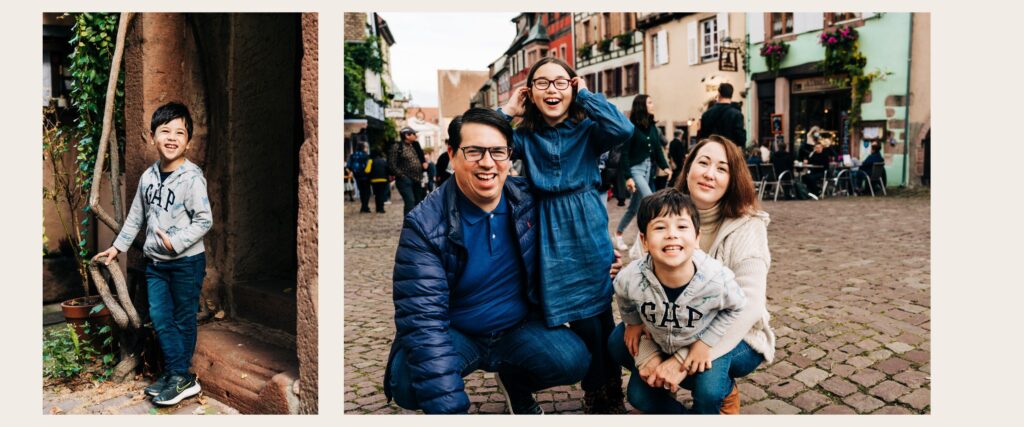 Family laughing together on a cobblestone street in Riquewihr, Alsace during their family photo session