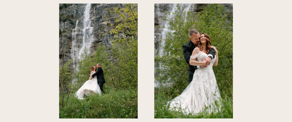 Couple dance under Lauterbrunnen waterfall