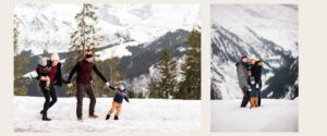 Family of four playing in the snow with forested mountain views in the Jungfrau Region of Switzerland